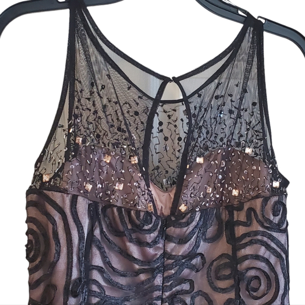 Ignite Evening Black and Tan Lined Dress With Beaded Illusion Neckline Size 10 - Picture 8 of 15